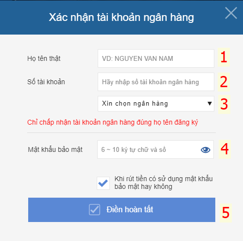 xác nhận thông tin ngân hàng với Kubet